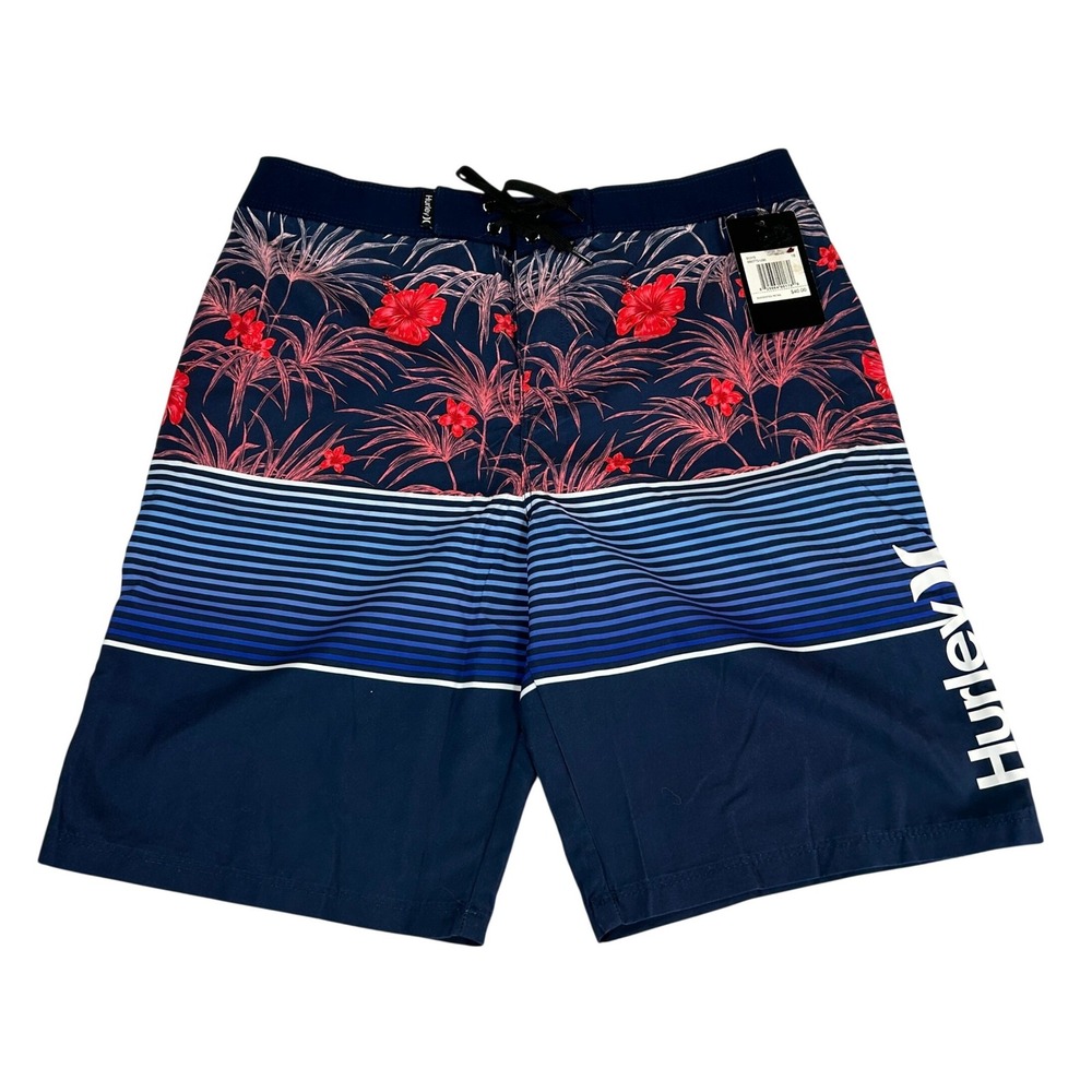 Hurley Boys Midnight Navy Floral‎ Striped Board Shorts Size 18/29 986773-U90 NWT